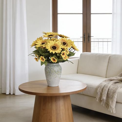 14" Artificial Sunflowers Arrangement in Green & Blue Speckled Ceramic Vase – Faux Sunflower Floral Centerpiece for Spring Home Décor, Tabletop, Shelf & Office Decoration