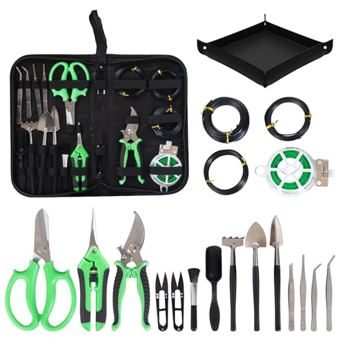 Bonsai Tools Kit 20 Pcs Garden Tools Set for Starters, Gardening Gifts for Women Men Includes Bonsai Wire Kit, Plant Mat, Pruning Shears, Bonsai Scissors, Succulent Tools in Leather Storage Bag - style: Green