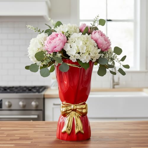 Bow Ceramic Vase for Flower - 11 Inch Modern vases Home Decor, Red Decorative Vase for Pampas Grass, Kitchen Island, Living Room, Fireplace, Entryway Table Decor - color: Red, size: 11 inch