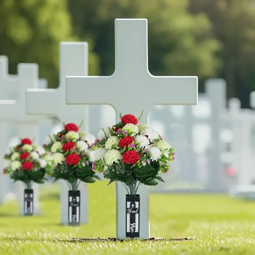 Artificial Cemetery Flowers for Grave: 2 Pcs 18 Heads Fake Mums Flowers with Vase for Cemetery Spring Decorations Outdoor Grave - color: Green & White & Red