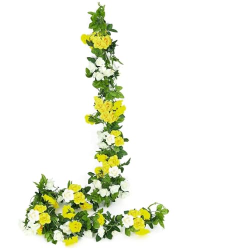 JUSTOYOU Artificial Rose Vines Yellow Flowers Garland Hanging Silk Rose Vine for Wedding Home Office Arch Arrangement Decoration 7.6FT(2PCS) - color: Yellow-b