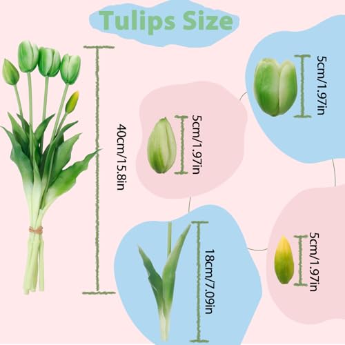 15 Pcs Green Artificial Tulips Fake Flowers, Premium Latex Lifelike Texture, UV Resistant Waterproof Faux Tulip Bouquets with Snap-on Petals for Outdoor, Home, Wedding Decor - color: Green