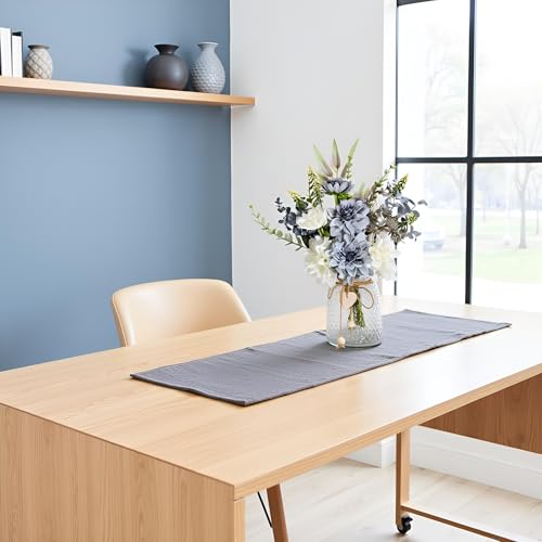 Artificial Flowers with Vase, Faux Dahlia Flower Arrangement in Glass Vase, Blue and White Silk Flowers with Eucalyptus for Home Office Kitchen Dining Table Centerpiece Decor - color: Blue-green