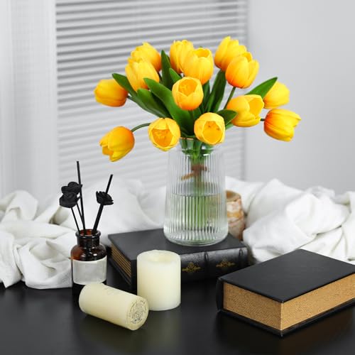 Orange Artificial Tulips, 2 Bundles 14Pcs, Fake Tulips Artificial Flowers, 2 x 2.4 Inch Large Flower Head Big Tulip, Easter Valentine's Day Mother's Day Home Decoration Flowers - color: Orange
