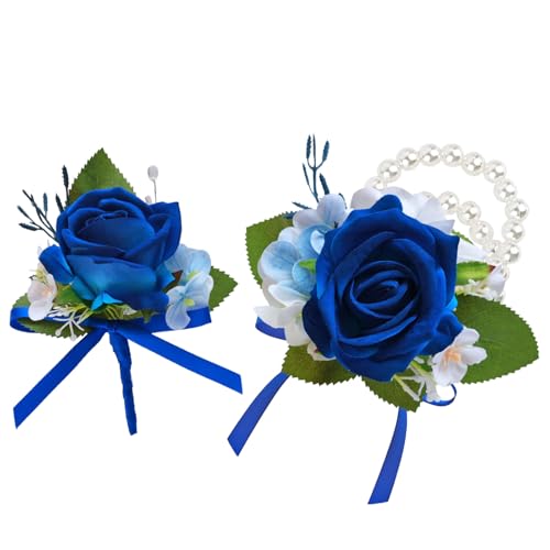 CherishedMoments Corsage and Boutonniere Set, Navy Blue Rose Handmade Artificial Flower Wrist Corsage and Groom Boutonniere for Men Wedding, Bridesmaid Hand Flower for Wedding,Prom Suit Decorations - color: Navy Blue