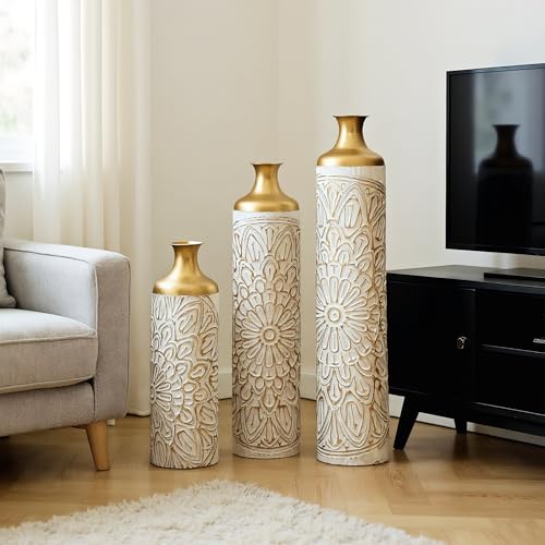 3pcs Extra Large Floor Vases Home Decor:24.4/29.1/33in, Big White Tall Metal Standing Floor Vase Set for Living Room - color: Floor Vases White Flower