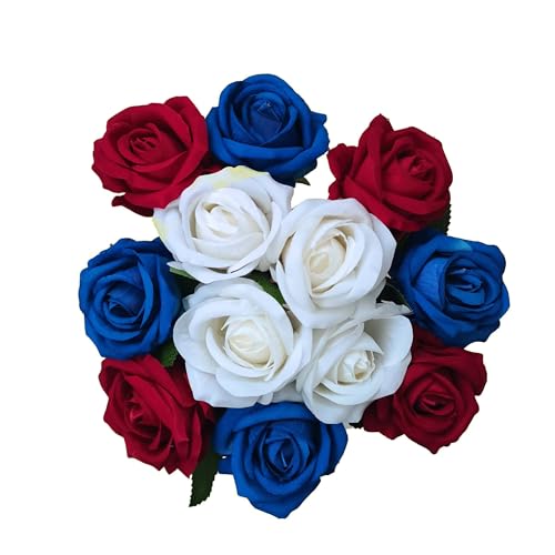 12PCS Artificial Realistic Silk Fake 3-Colored Roses Long Stem | 3 Colors Mixed Roses For Wedding Decoration, Party Table Decoration, Valentines Mother's Day - color: 4 Red/4 White/4 Blue