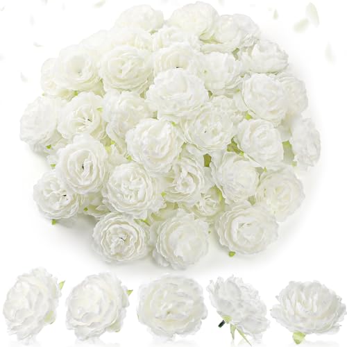 Thiccywoov 50 Pcs Artificial Flowers, 3.2 Inches Silk Rose Head Flowers Fake No Stem for Wedding Bridal Bouquet Home Floral Decor DIY Centerpieces Arrangements Party Tables Decoration(White) - color: White