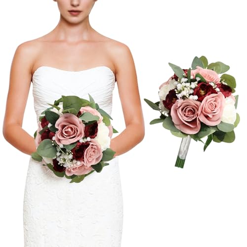 11 Inch Dusty Pink & Burgundy Silk Rose & Peony Bridesmaid Bouquets - Realistic & Easy to Arrange - Wedding Decorations - color: Dusty Pink & Burgundy