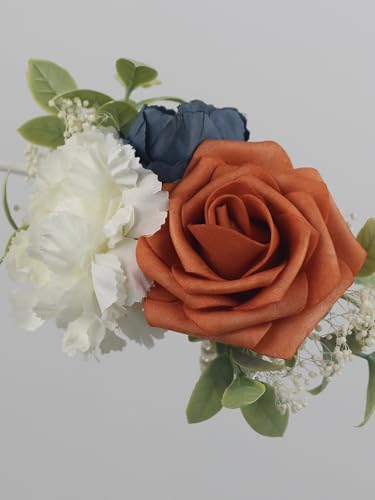 Rinlong 2Pcs Navy Terracotta Wrist Corsage for Wedding, Prom, Homecoming | Bridesmaid, Mother of the Bride Corsage - color: 12-navy & Terracotta
