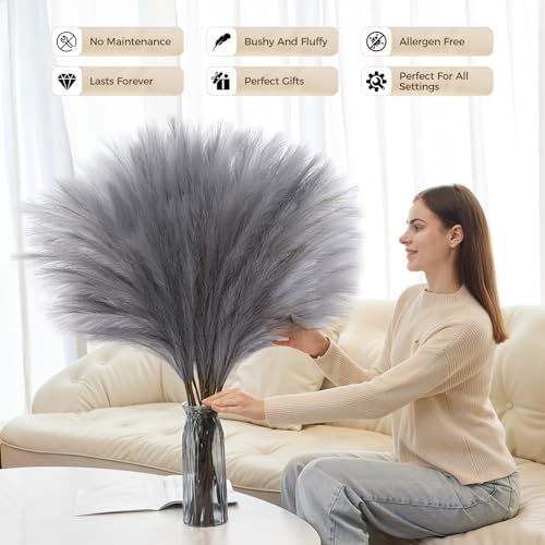 10 Pcs 39''/3.2FT Faux Pampas Grass Decor, Large Tall Fluffy Artificial Fake Flower, Bedroom Decor Boho Decor Pompas Floral for Vase Filler Farmhouse Home Wedding Decor (Grey) - color: Grey