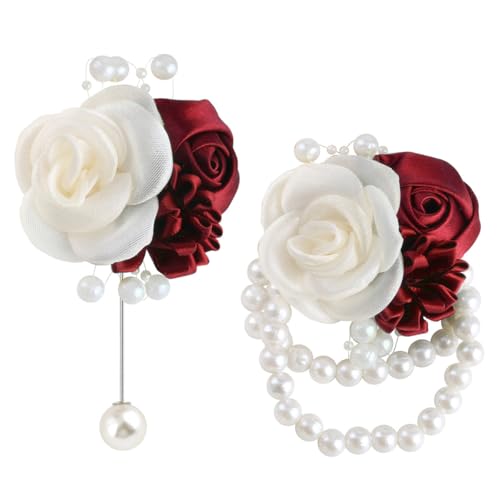 Wedding Prom Party Satin Rose Wrist Corsage Flower, 2Pcs Boutonniere and Wrist Corsage Wristband Roses Prom Flower Wedding Flowers Accessories Prom Suit Decorations (Burgundy) - color: Burgundy