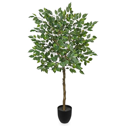 4Ft Ficus Tree Artificial Plants Indoor with Realistic Trunk, Tall Fake Potted Tree Faux Floor Plant, Artificial Tree in Pot for Home Living Room Office Bedroom Corner Decor(Green) - color: Green, size: 4Ft