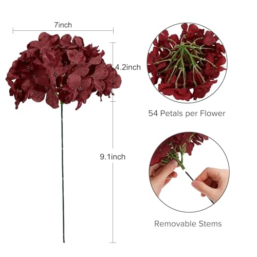 Auihiay 10PCS Hydrangea Artificial Flowers, Faux Burgundy Flower for Wedding Centerpieces, DIY Bouquets, Bridal Shower, Floral Decor Home Decoration with Stems (VASE NOT Included) - color: Burgundy