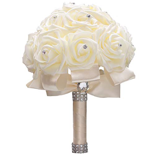 WIFELAI-A Ivory Cream Bouquet for Bride Bridesmaids with Diamond Soft Ribbons Artificial PE Rose Bridal Holding Flowers for Wedding, Party and Church(Dia:8.26inchH:10inch Ivory W2018)… - color: Ivory Cream