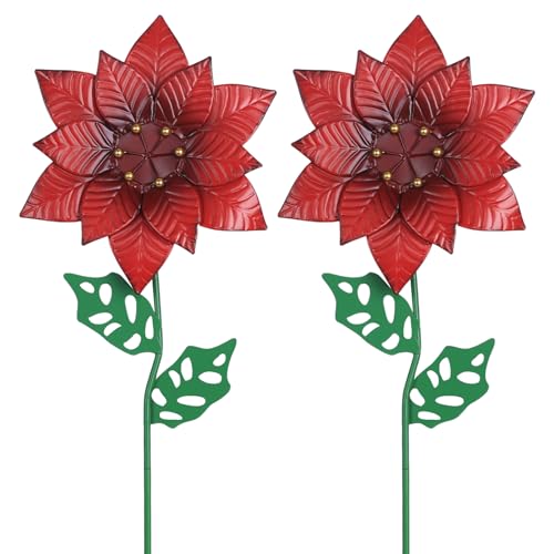 YEAHOME Outdoor Christmas Decorations, Set of 2 Poinsettia Flower Decorative Garden Stakes for Christmas Decor, Metal Red Flowers Xmas Decorations for Outside Garden Yard Lawn Porch - color: Red
