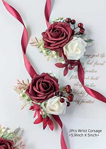 Set of 2 Wrist Corsage Wristlet for Wedding Bridesmaid Mother Grandmother for Bridal Shower Wedding Artificial Roses Flower Prom (Burgundy) - color: Burgundy