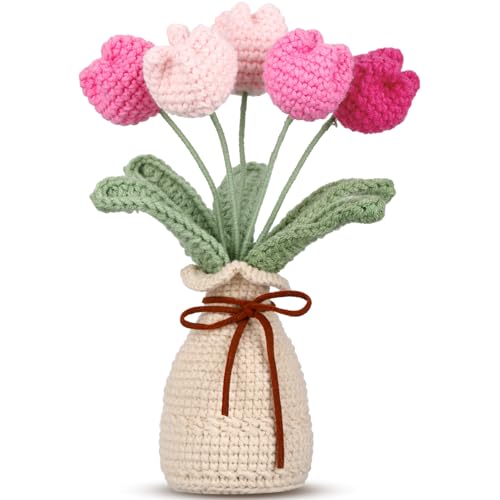 Marsui Crochet Knitting Tulip Bouquet with Vase 7" Knitted Artificial Forever Tulip Handmade Woven Flower with Exquisite Pot Gift for Father's Gifts Back to School Gift Family Home Desk Decor(Pink) - color: Pink, style: Tulip