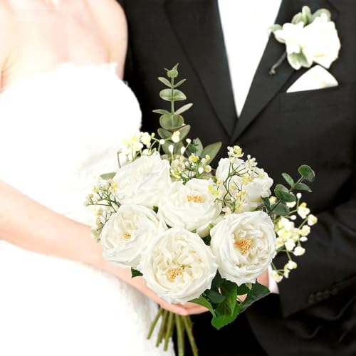 6Pcs Peonies Artificial Flowers, 17'' Real Touch Peonies Fake Flower, David Austin Roses Fake Peonies in Pot for Home Decor Wedding Balcony Bathroom Party Valentines Arrangement, White - color: White