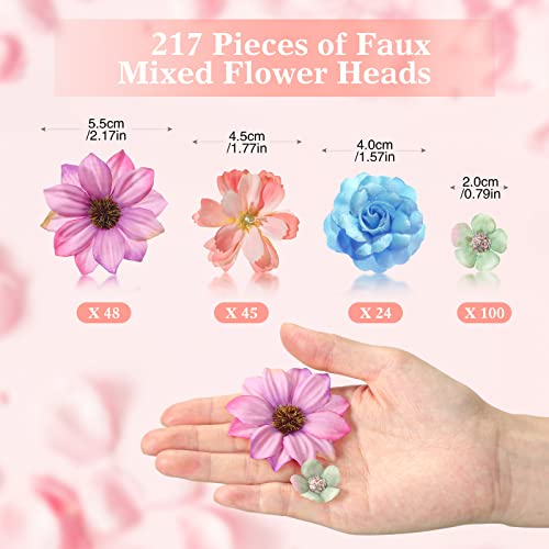 Cindeer 217 Pcs Mini Silk Flower Heads Bulk, Small Fake Flowers for Crafts Artificial 3D Loose Fabric Flower for Crafts DIY Wedding Party Hair Cap Dresses Decorations(Charming Color) - color: Charming Color
