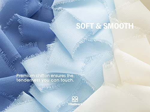 Vitalizart Blue Handmade Chiffon Silk Ribbon Fringe 1.5" x 21 Yd Dusty & Baby Blue Frayed Edges Ribbons for Wedding Invitations Bridal Bouquets Gifts Wrapping Crafts Holiday Party Decorations - color: White & Blue