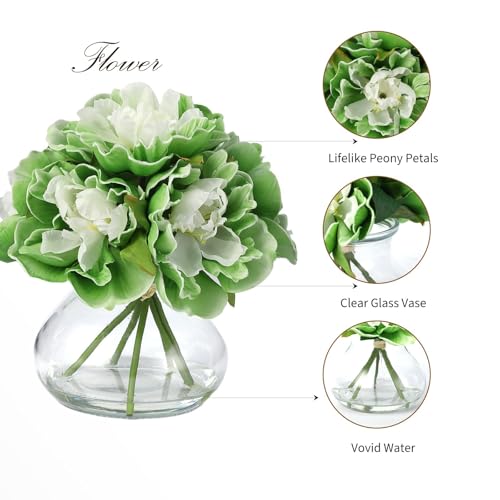Green Peony Bouquet in Glass Vase - 6 Piece Artificial Flower Arrangement with Faux Water for Wedding & Home Centerpieces - color: Peony Flowers, size: Green