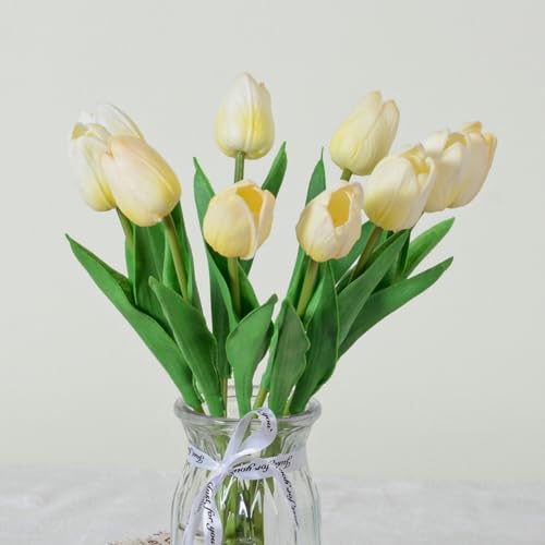 Artificial Flowers Tulips Fake Flowers Real Touch Latex Tulips Faux Flowers Bouquet for Wedding Party Arrangements Home Decor and Baby Shower Centerpieces (10, Light Yellow) - color: Light Yellow