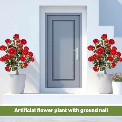 Lunmon 2 Pack 3ft Artificial Camellia Plants Tree 36" Faux Camellia Flower with Spike UV Resistant Realistic Fake Floral Blooming Bush for Indoor Outdoor Front Door Porch Backyard Garden, Burgundy - color: Burgundy, size: 3 ft