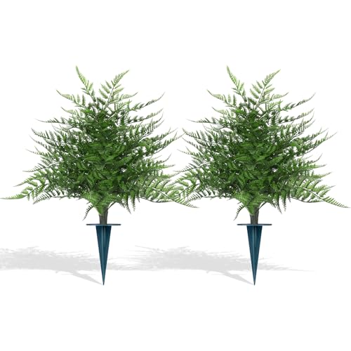 Grooy Artificial Fern Topiary Ball with Ground Spike, Set of 2 Realistic Boston Fern Plants Shrub, Fake UV Resistant Evergreen Bushes Tree for Porch Garden Indoor Outdoor Decor - color: Fern