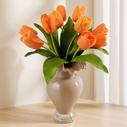 10 Stems Artificial Tulips Bouquet 14" Fake Tulips Flowers Realistic Faux Flowers for Wedding Home Party Decor Spring Decor Valentine's Day and Easter Decorations(Orange) - color: Orange