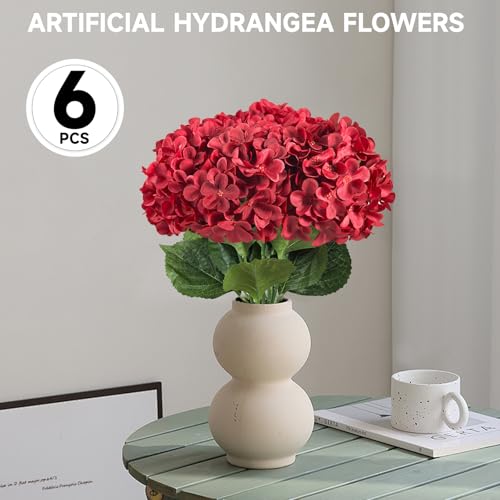 6 PCS Artificial Hydrangea Flowers, Faux Silk Hydrangea with Long Stems, Home Wedding Decor, Table Centerpieces, Party Decorations (Brilliant Red) - color: Brilliant Red