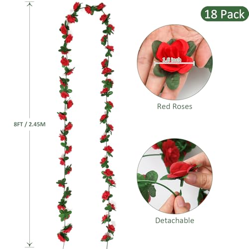 KHOYIME 18 Pack 144 FT Artificial Flower Garland, Fake Red Roses Vines Silk Flowers Faux Plastic Outdoor Hanging Floral Ivy Garland Decoration for Wedding Arch Bedroom Home Wall Backdrop Room Decor - color: Red, size: 18pcs