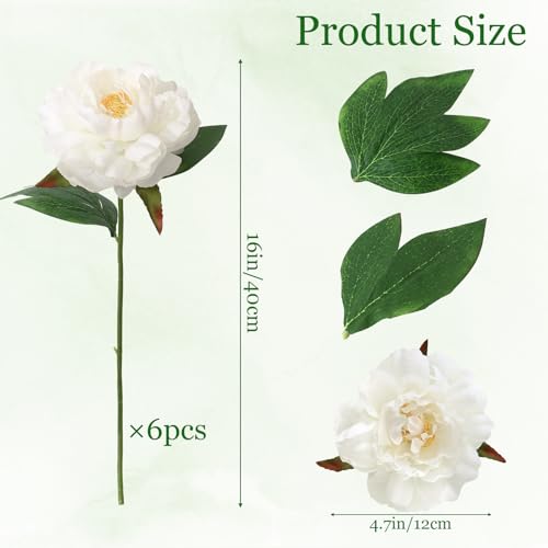 Fake Flowers White Peonies 16 Inch 6 PCS Bulk White Peony Artificial Flower Stems Faux Silk Peonies Flowers for Vase Floral Arrangements Real Touch Peony for Home Table Centerpiece Shelf Decor