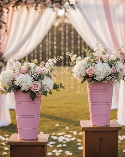 vensovo 12 Inch Galvanized Metal Vases for Flowers - 6 Pcs Farmhouse Decorative Tall Flower Bucket with Handles, Rustic French Tin Planter Buckets for Wedding Decor (Pink) - color: Pink