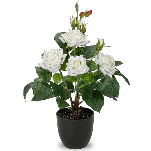 Hollyone Artificial Plants & Flowers with Vase White Roses Artificial Flowers Potted Plant Faux Silk Flower with Black Pot Fake Rose Flower Arrangement Home Decor Table Desk Decorations 15 Inch - color: Rose 1 - White (15inch)
