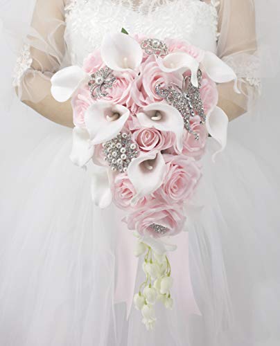 Ansuma White Calla Lily and Rose Cascading Bride Bouquet Waterfall Wedding Flower - Lily Rhinestone Jewelry Brooches and Satin Ribbon Décor (Pink) - color: Pink