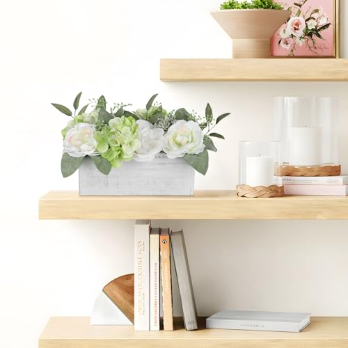DILATATA Flower Arrangement with Wooden Vase 10" Artificial Flowers in Pot - Fake Flowers in White Rectangular Wooden Vase Potted Faux Flower Centerpieces for Table Decor Living Room - White - color: 10"l White