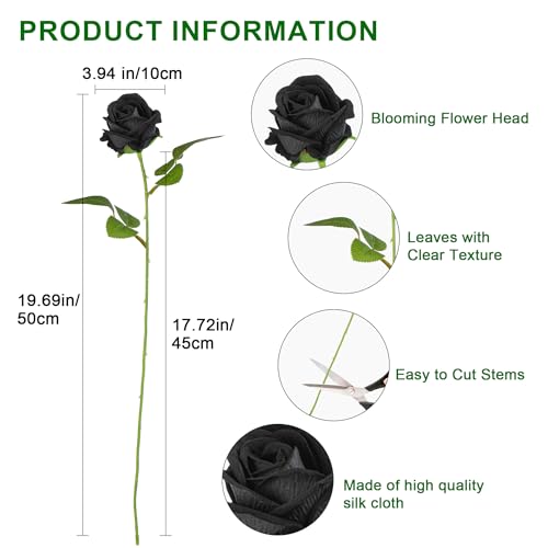 Artificial Flowers Roses Touch Fake Rose Bouquet Flower Stem for Wedding Centerpieces DIY Wreath Home Decorations Silk Roses Mothers Party Fake Outdoor Flowers Decor 19.6"(Black 50PCS) - color: Black 50pcs