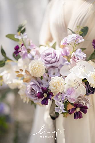 Ling's moment Purple Bridal Bouquet, 15 Inch Lilac Wedding Bouquets for Bride, Silk Free Form Bridal Bouquets for Wedding, Ceremony, Anniversary, etc. - color: Prpl-gold & Lilac, size: Medium 15 Inch