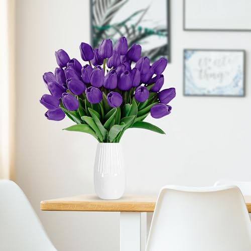 Sggvecsy 15 Pcs Fake Tulips Artificial Flowers Real Touch PU Faux Flowers Tulip Stems for Wedding Spring Bouquet Floral Arrangement Home Party Office Decorations for Mother's Day (Purple) - color: Purple, size: 15 Pcs