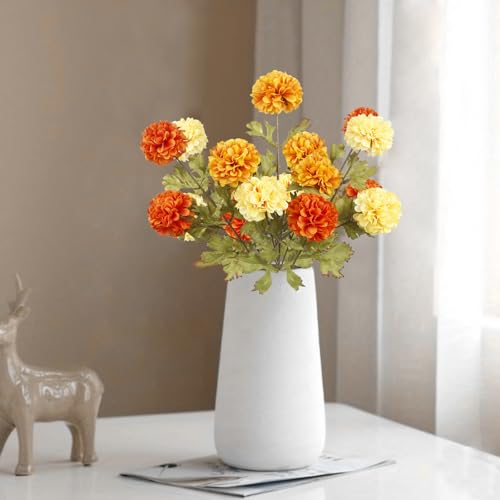 CISDUEO 3 Pcs Artificial Marigold Flowers Artificial Chrysanthemums Ball Flower Orange Silk Mums Flowers Spring Branches for Home Decor Floral Arrangement Table Centerpiece