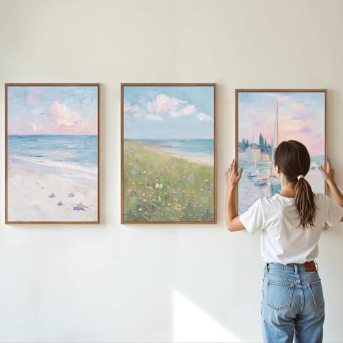 Rantodecor Impressionist Framed Canvas Wall Art, Vintage Italy Coastal Sailboat Wall Decor, Light Blue and White Posters Art Prints, Pastel Beach House Artwork for Bedroom Living Room Office 16"x24"x3 - color: Impressionist, size: 24"x16"