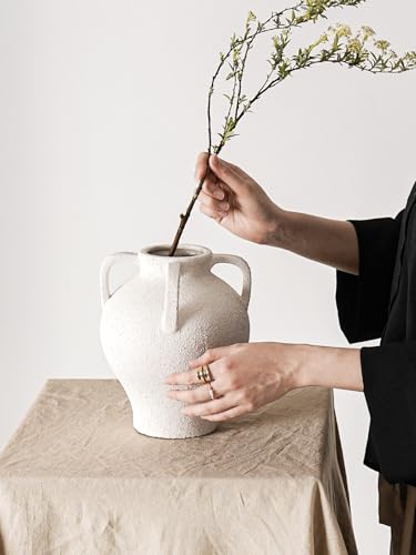 White Ceramic Vase with 4 Handles, 8.8" Rustic Farmhouse Centerpiece - Decorative Flower Vase for Living Room, Table, Bookshelf, Mantel, Entryway & Wedding Home Decor (Rock Sand White) - color: 8.8 Inch-rock Sand White