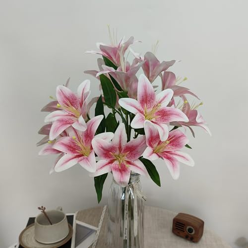 6 Pcs Light Pink Lilies Artificial Flowers,Faux Lily Flowers,23 Inch Long Stem Tiger Lily Branch with 3 Full Blooms and 4 Leaves, Latex Real Touch Lilium Flower for Wedding Bouquet - color: Light Pink