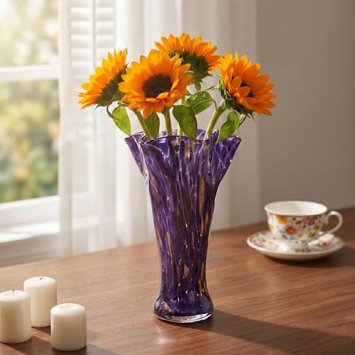 9.0" H Purple Glass Vases for Flowers, Unique Hand Blown Glass Vase Purple Home Decor, Wide Mouth Colorful Flower Vase Centerpieces, for Living Room Table Bookshelf, Bathroom Office Shelf Decorative - color: Purple