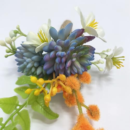 Corsage and Boutonniere Set, Handmade Artificial Peony Rose Wrist Corsage Wristlet and Groom Boutonniere for Men Wedding Prom Suit Decorations (Blue Succulent) - color: Blue Succulent