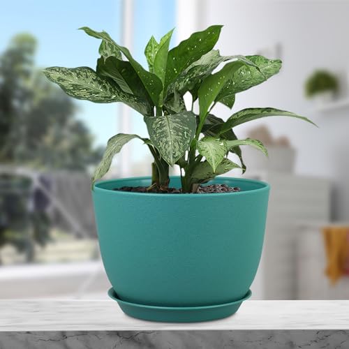 Meowell Plant Pots 12 inch, Plastic Planters with Drainage Holes and Saucers, Large Flower Pots for Indoor Outdoor Plants, Modern Decorative Pots for Garden House Plants, Blue Green - color: Blue Green, size: 12inch C
