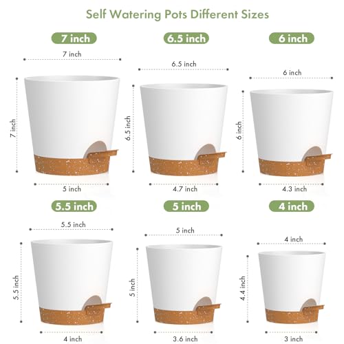 WSMKSZ 7/6.5/6/5.5/5/4 inch Self Watering Pots for Indoor Outdoor Plants, 6 Pack Plastic Flower Planters with Drainage Holes and Removable Saucers, Plant Pots with Wicking Rope, White Brown - color: White Brown, size: 7+6.5+6+5.5+5+4inch 6pcs