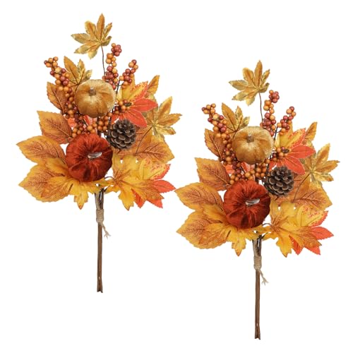 Briful 2Pack 16in Fall Picks and Sprays with Velvet Pumpkins Pinecones Berries Maple Leaves Artificial Fall Floral Branches Stems for Vases Autumn Table Centerpieces Seasonal Home Decor - color: Yellow Brown