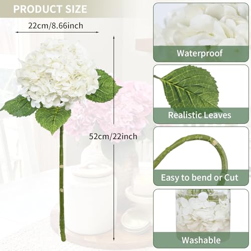 LFF 3Pcs White Hydrangea Artificial Flowers, 8.66" Large Real-Touch Latex Blooms with 22" Long Stems, Faux Hydrangea for Outdoor Planter Indoor Home Table Centerpieces Wedding Decor Bouquets - color: White